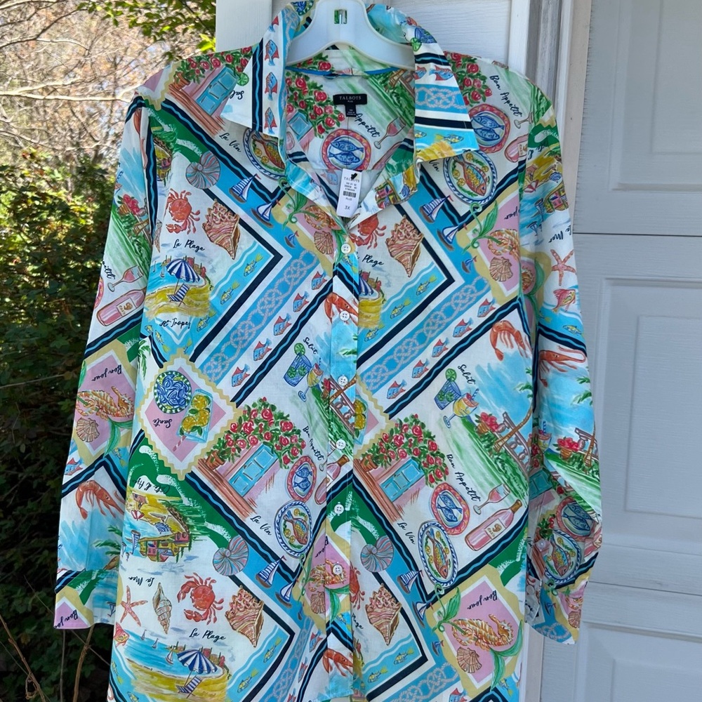 NWT Talbots Pretty Tropical Postcard Scenes 100% Cotton Long Sleeve Blouse